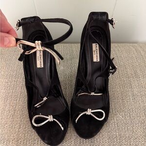 Balenciaga Black Heels with Silver Bow Accents